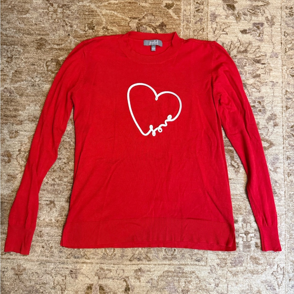 Marled Red Crew Neck Sweater with Heart Design
